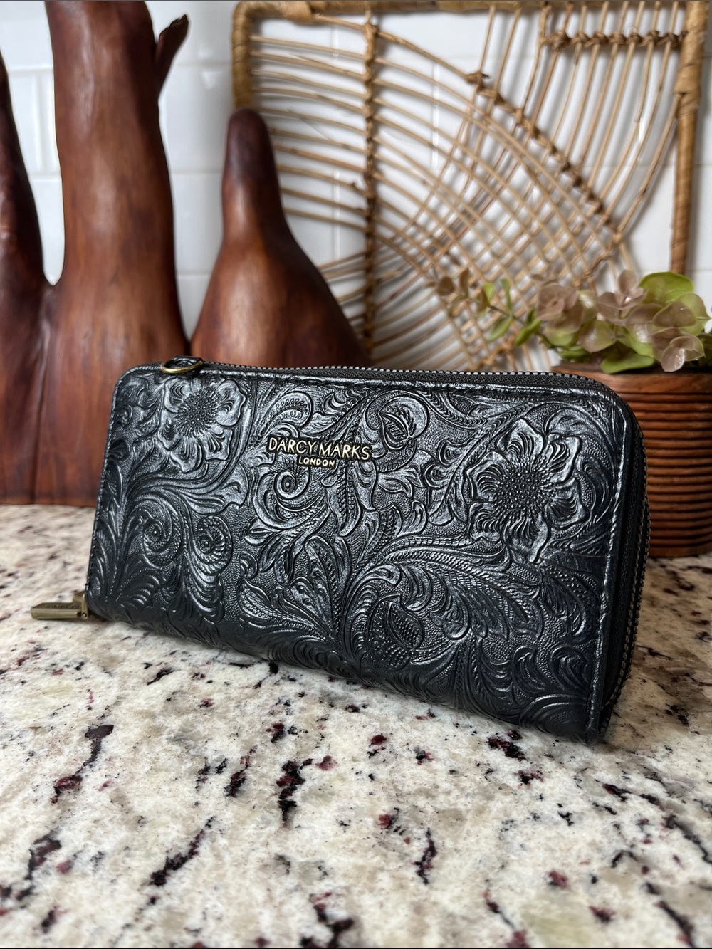 Darcy Marks London Embossed Floral Black Leather Clutch w/ Crossbody Strap